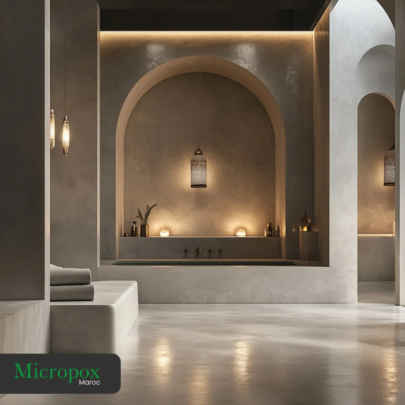 Hammam en béton ciré sans joints avec étanchéité intégrale des parois et du plafond