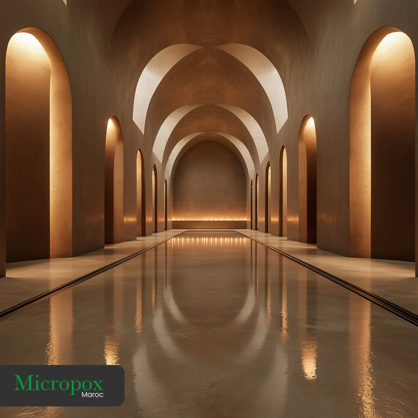 Hammam contemporain revêtu sans joints, banquette et niches traitées en continu