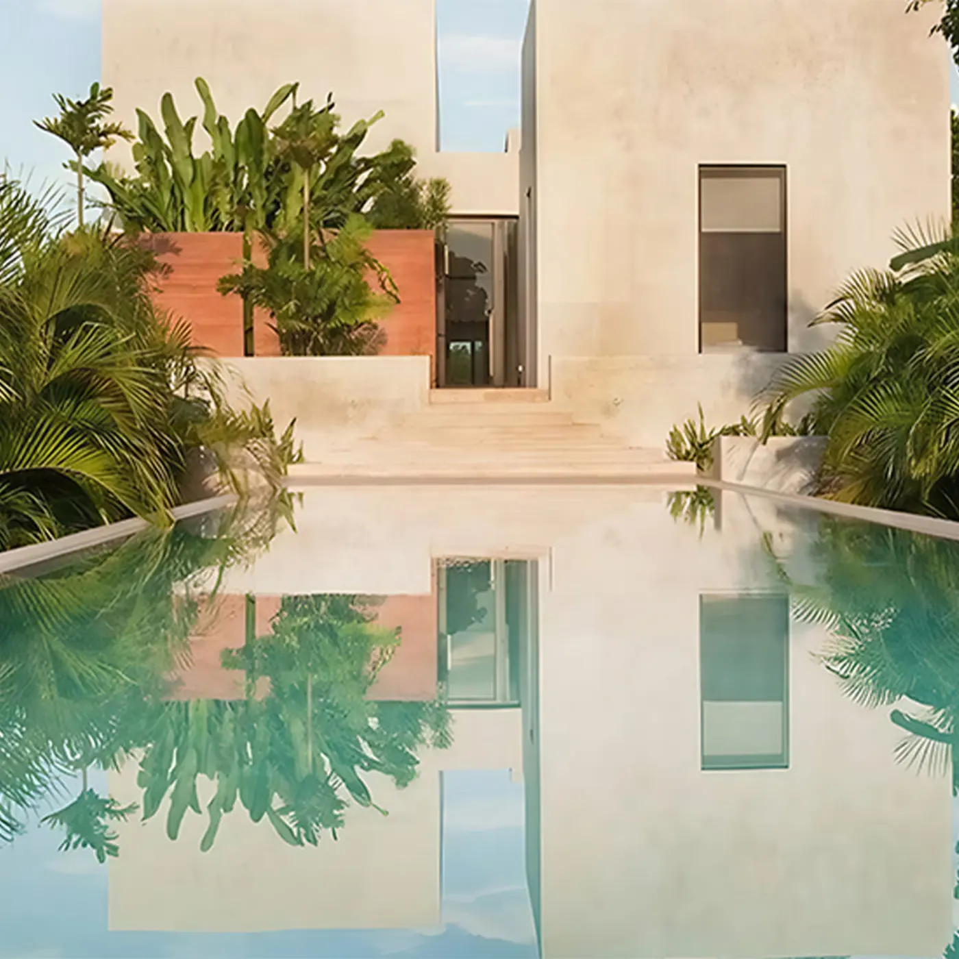 Piscine moderne en Chukum avec plage continue et margelles sans joints