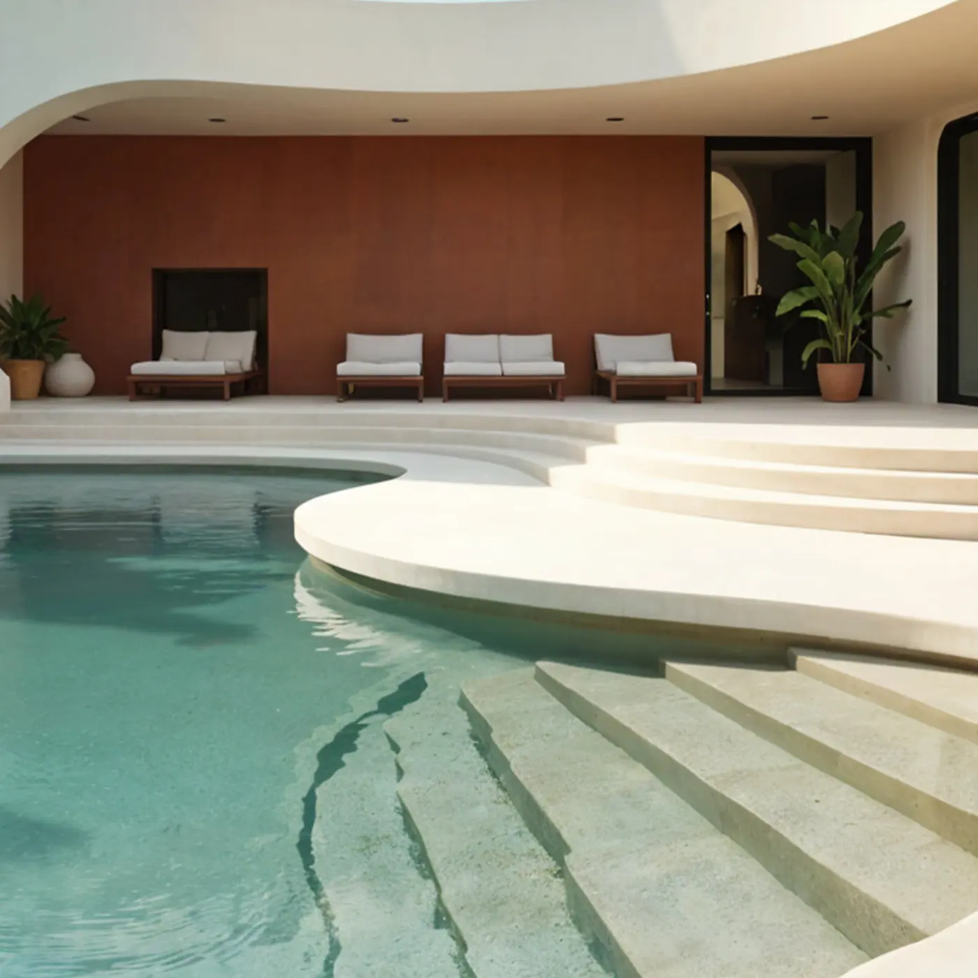 Piscine sans joints revêtue en Chukum, eau aux nuances naturelles